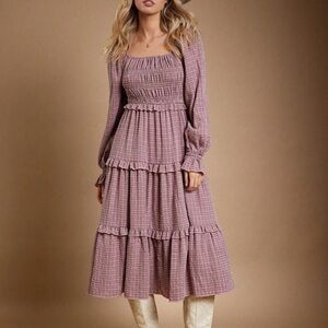 Chic Long Sleeve Plaid Dress in Purple NEW